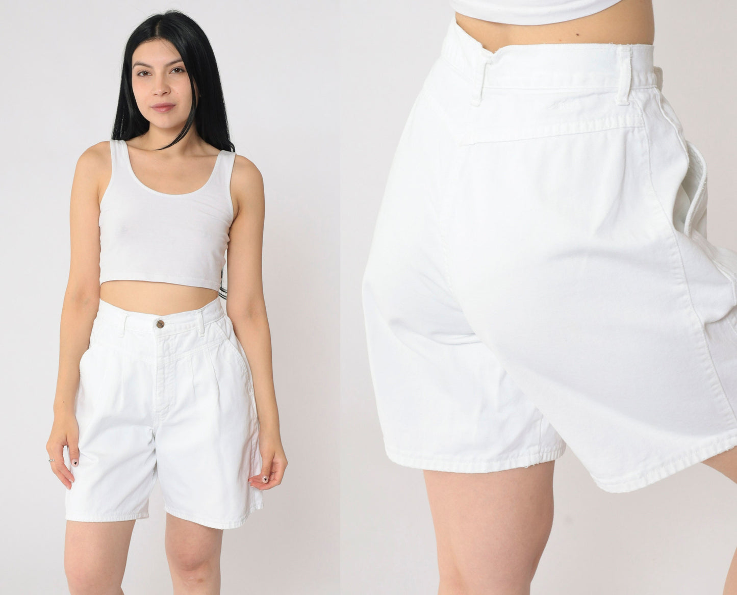 90s White Denim Shorts High Waisted Pleated Jean Shorts Medium