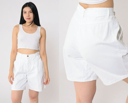 90s White Denim Shorts High Waisted Pleated Jean Shorts Medium