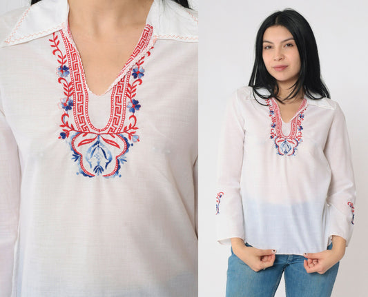 70s Floral Embroidered White Tunic Top V-Neck Long Sleeve Extra Small