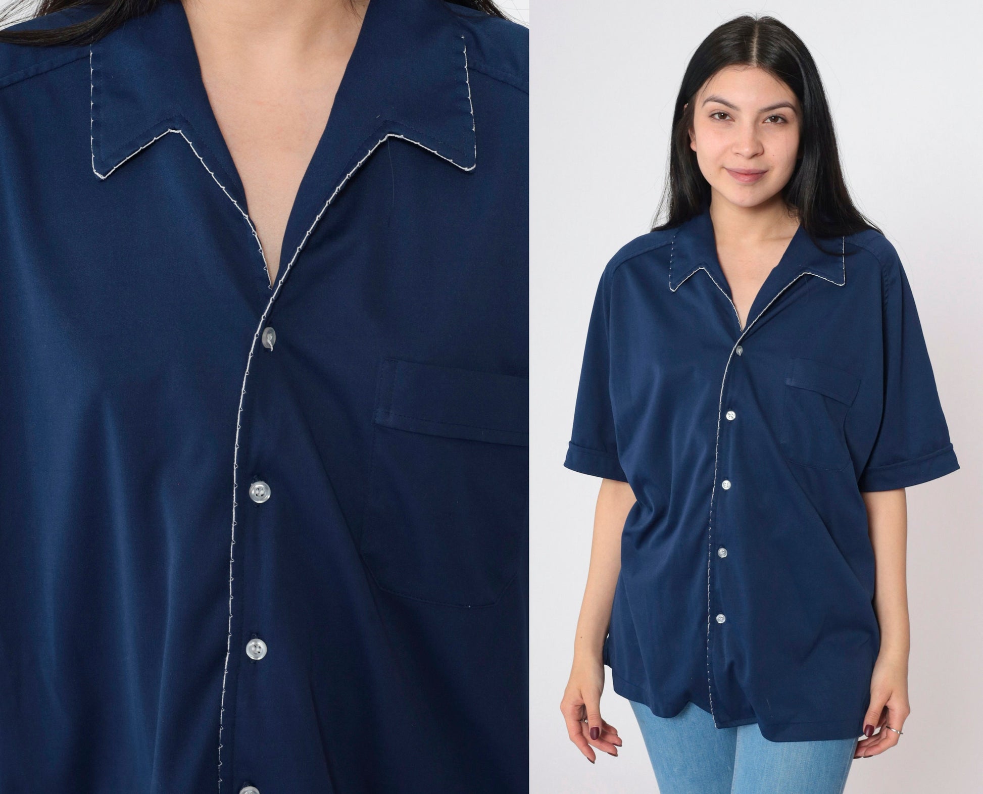 70s Navy Button Up Shirt White Scalloped Trim Short Sleeve Extra Large