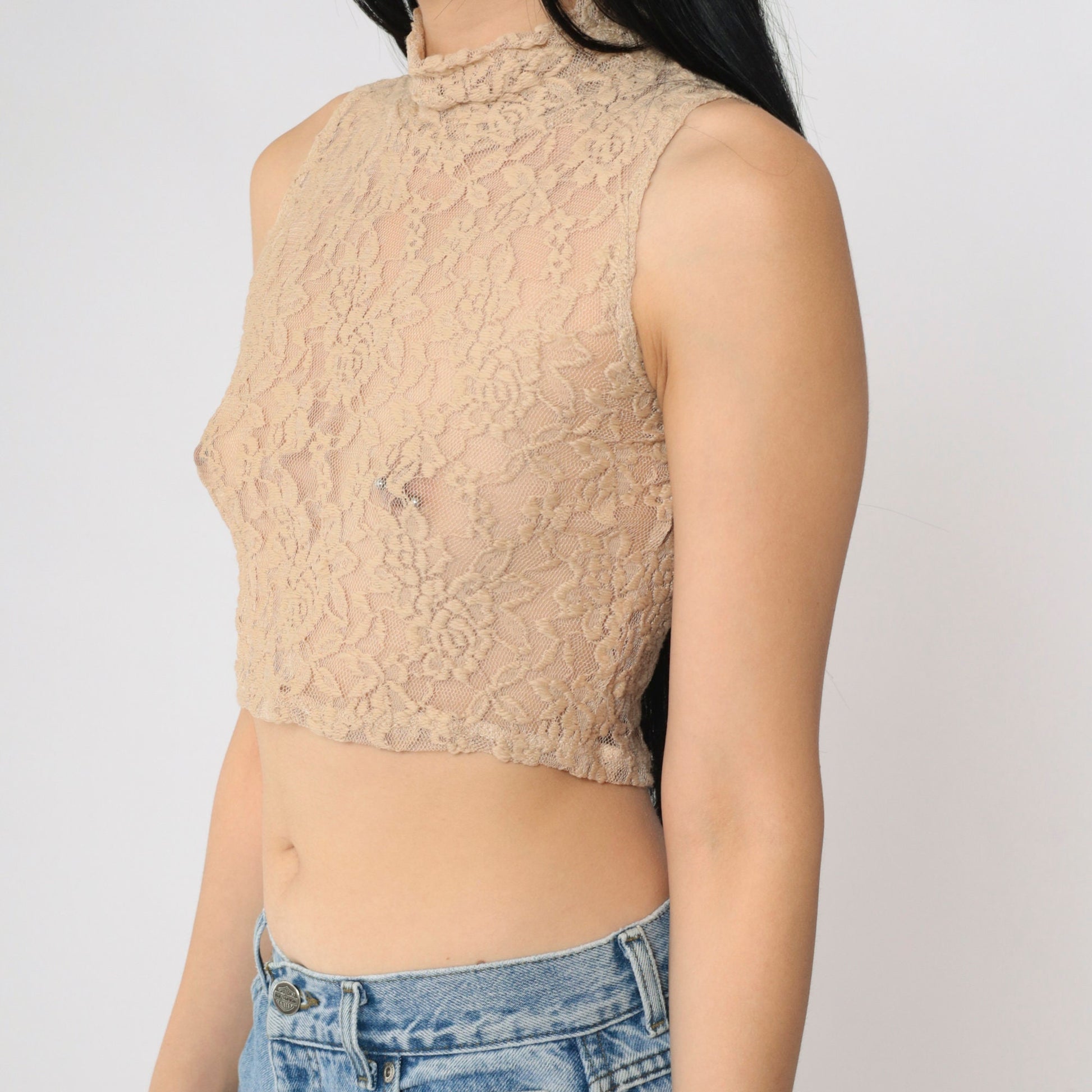 Y2K Beige Floral Lace Tank Top Mock Neck Crop Sleeveless Small S