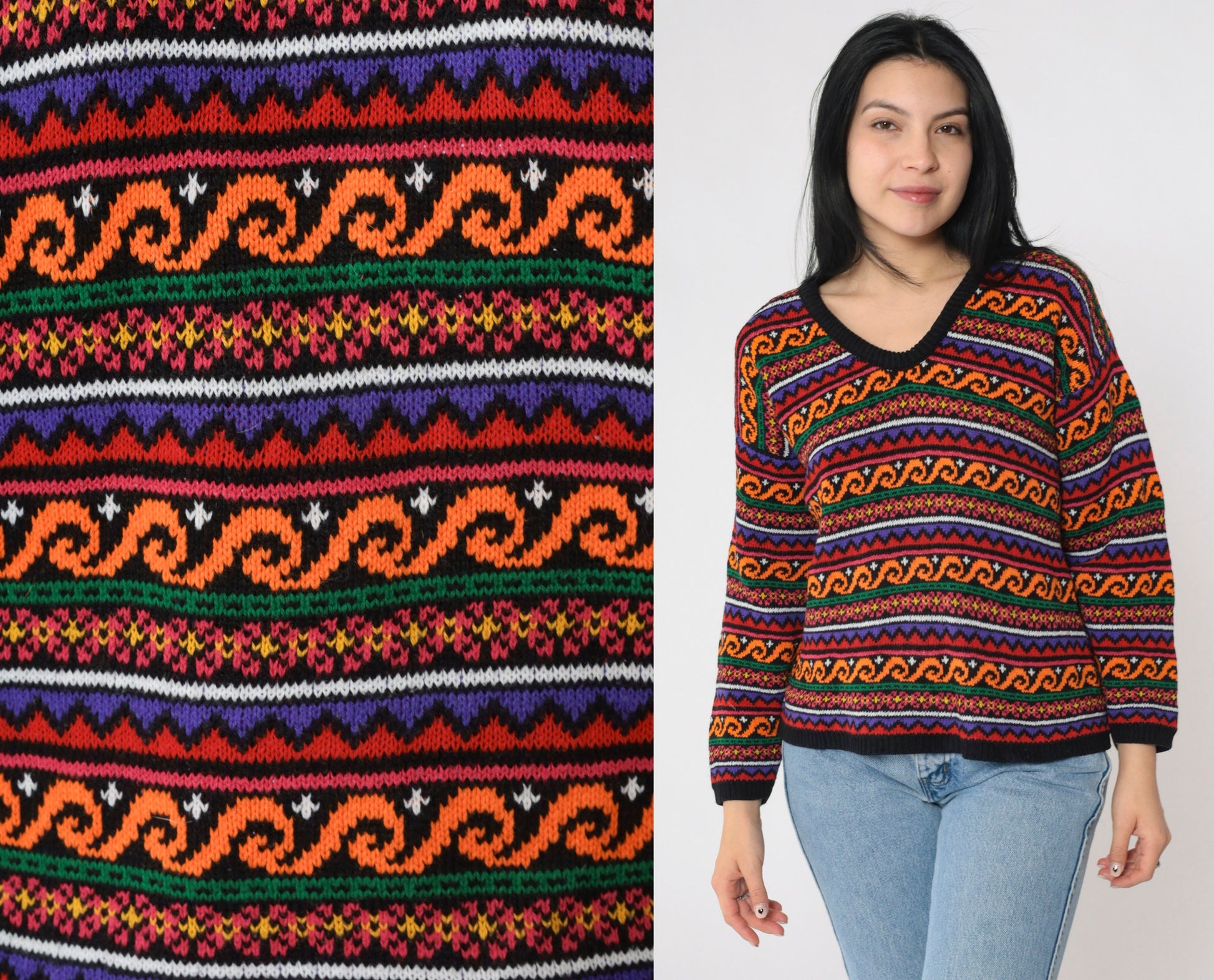 90s Geometric Floral Knit Sweater Black Orange V-Neck Pullover Medium M