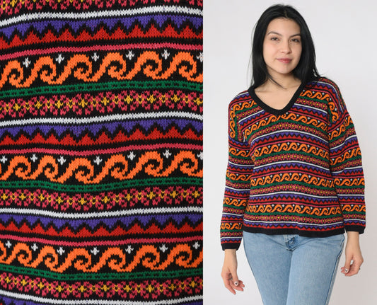 90s Geometric Floral Knit Sweater Black Orange V-Neck Pullover Medium M