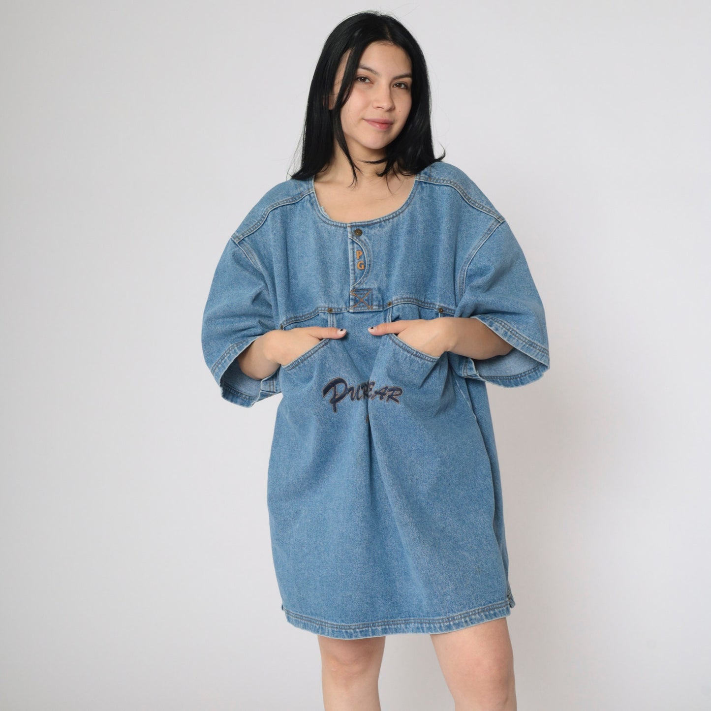 90s Pure Gear Denim Mini Dress Blue Utility Pockets Short Sleeve Extra Large