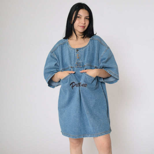 90s Pure Gear Denim Mini Dress Blue Utility Pockets Short Sleeve Extra Large