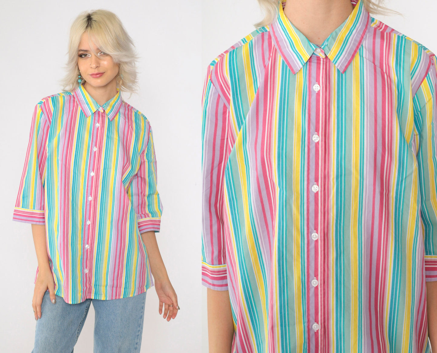 00s Striped Button Up Blouse Multicolor Rainbow Y2K Shirt Medium