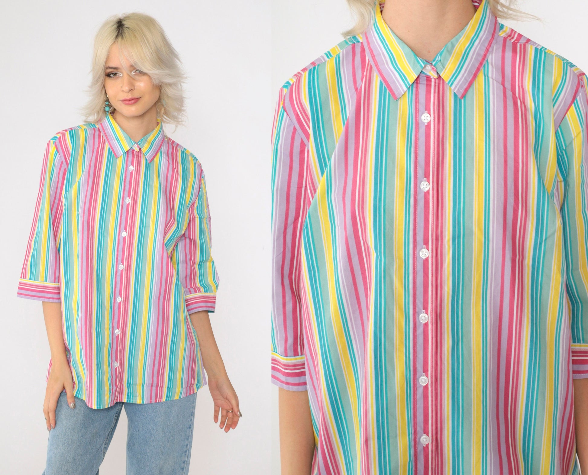 00s Striped Button Up Blouse Multicolor Rainbow Y2K Shirt Medium