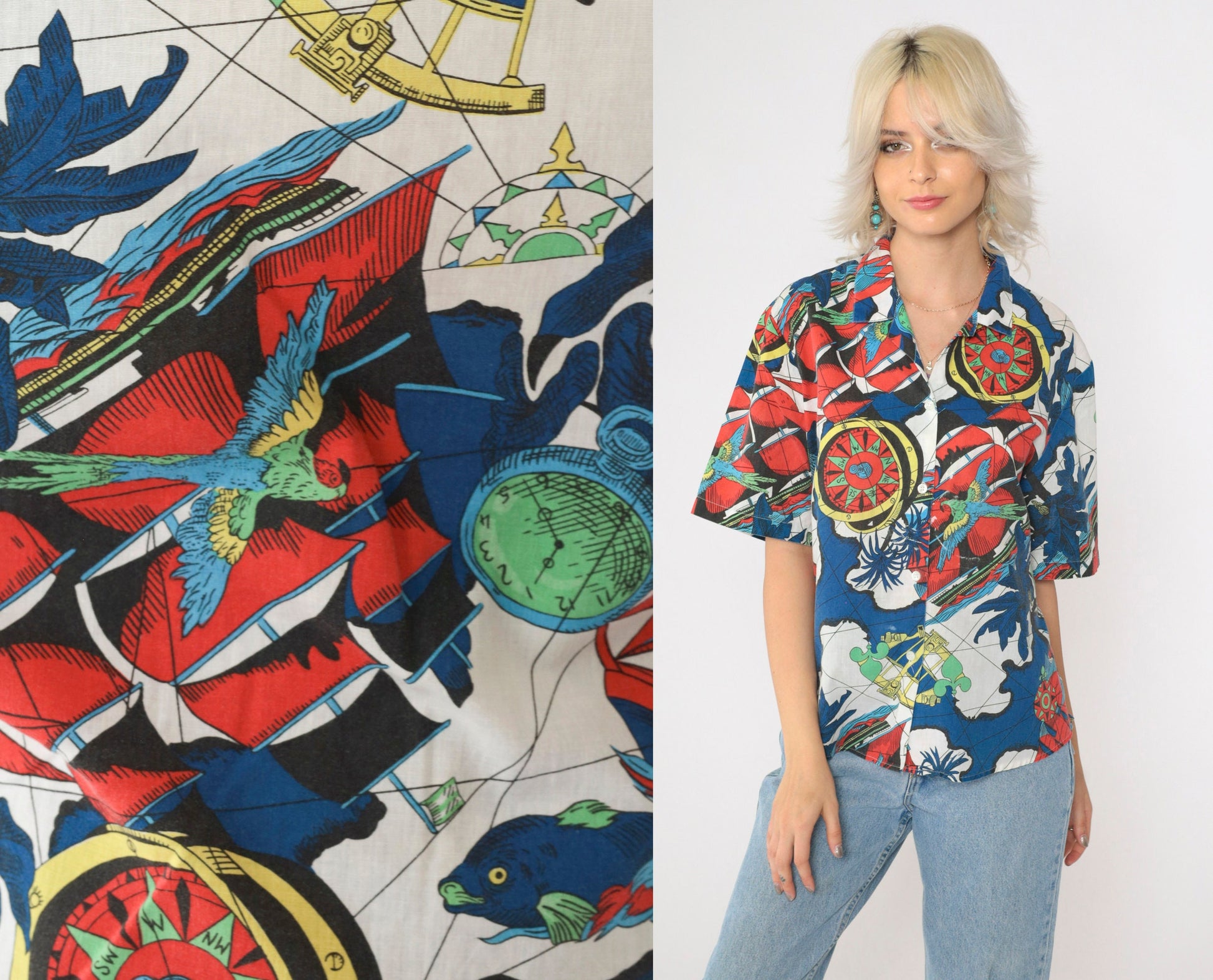 90s Nautical Print Button-Up Shirt Compass Parrot Globe Map Short Sleeve Large