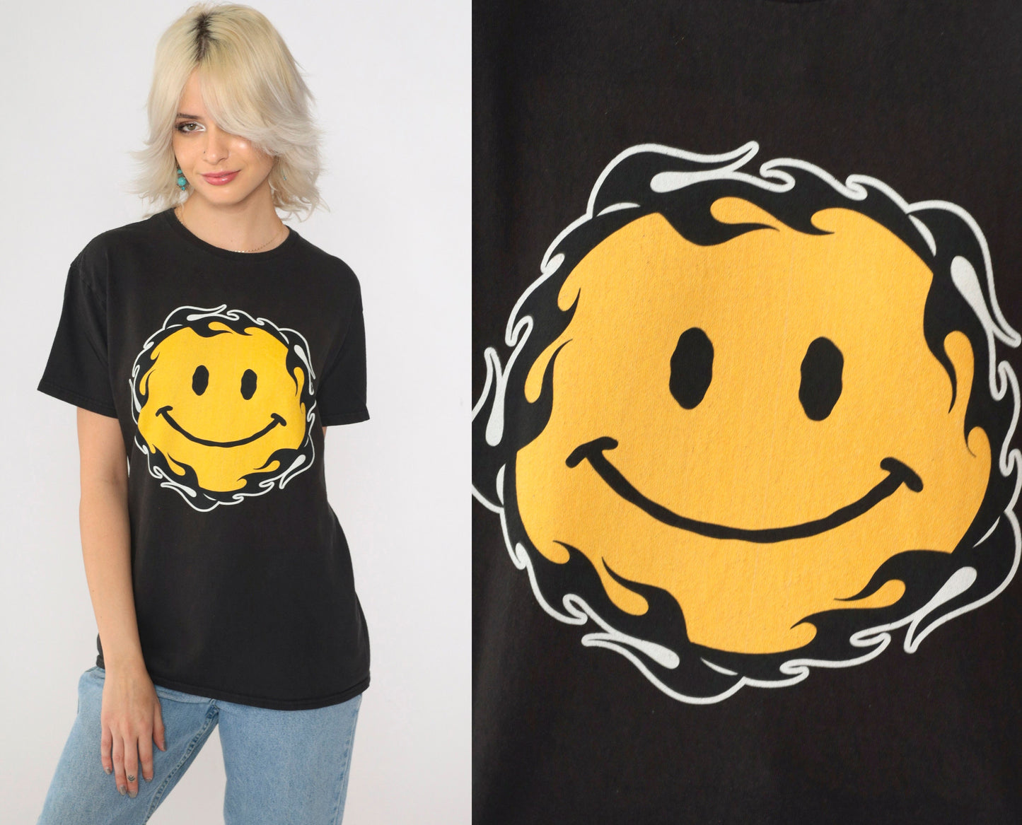 00s Smiley Face Flame Graphic T-Shirt Black Cotton Crew Neck Medium