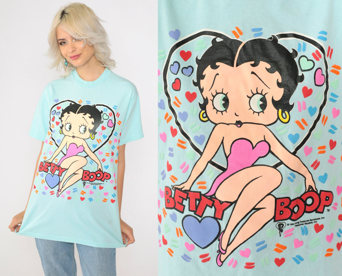 90s Betty Boop Heart Graphic T-Shirt Aqua Single Stitch Medium