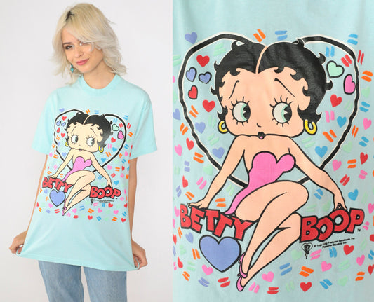 90s Betty Boop Heart Graphic T-Shirt Aqua Single Stitch Medium