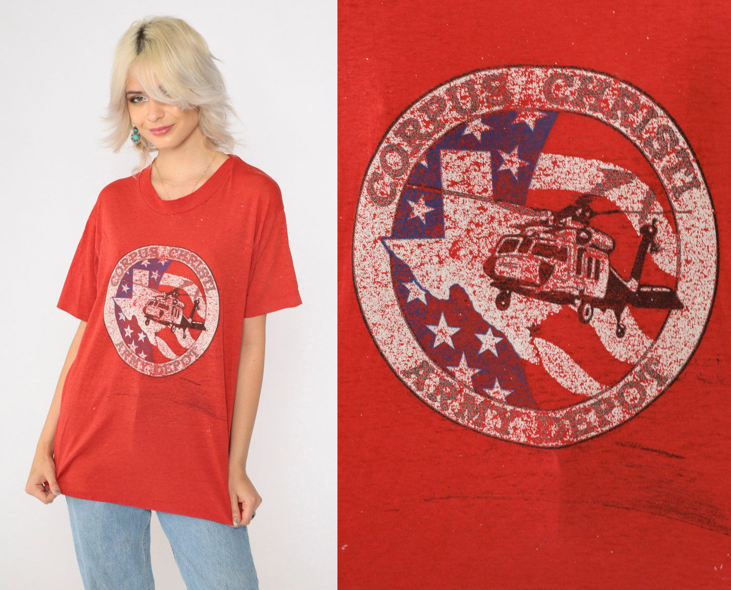 80s Corpus Christi Army Depot Helicopter Graphic T-Shirt Red Screen Stars Medium