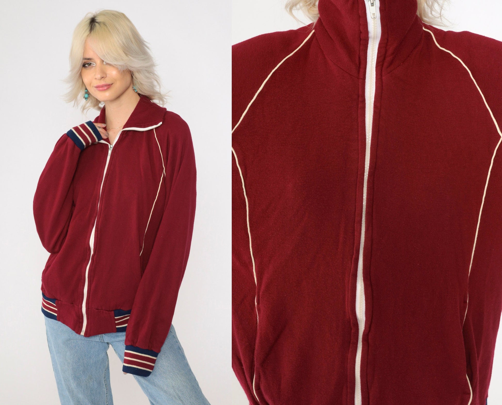80s Burgundy Track Jacket Zip Up Sweatshirt White Striped Raglan Medium M
