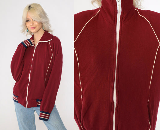 80s Burgundy Track Jacket Zip Up Sweatshirt White Striped Raglan Medium M