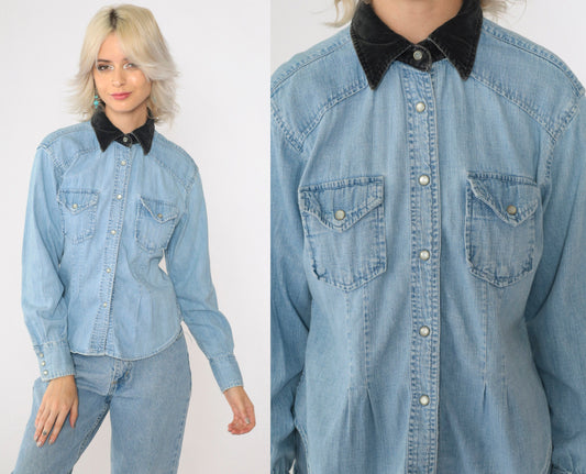 90s Express Jeans Denim Western Shirt Pearl Snap Velvet Collar Blue Small