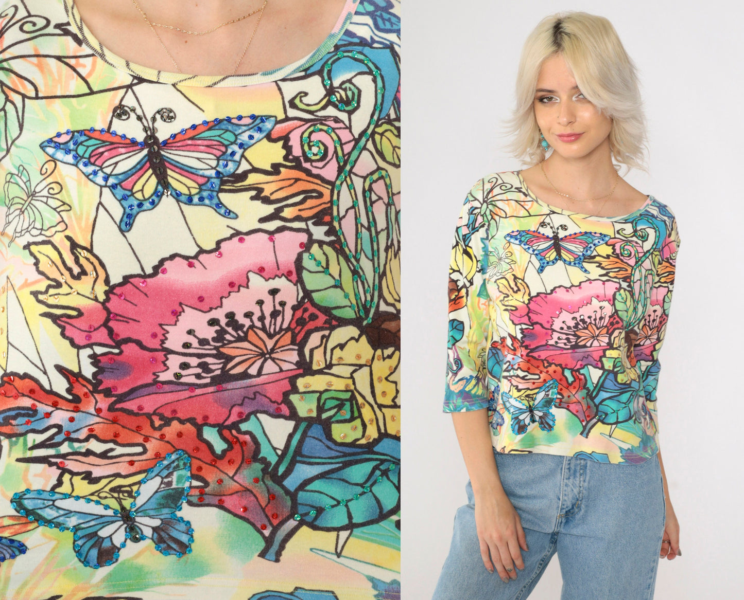 90s Sequin Butterfly Floral Blouse Multicolor Print Scoop Neck Small S