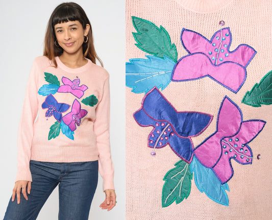 90s Baby Pink Sequin Floral Knit Sweater Beaded Crewneck Small