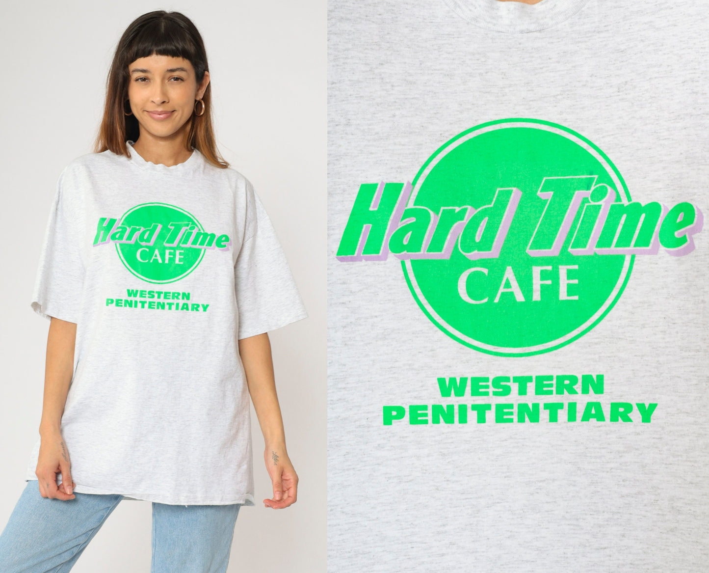 90s Hard Time Cafe Western Penitentiary Graphic T-Shirt Grey Cotton Extra Large