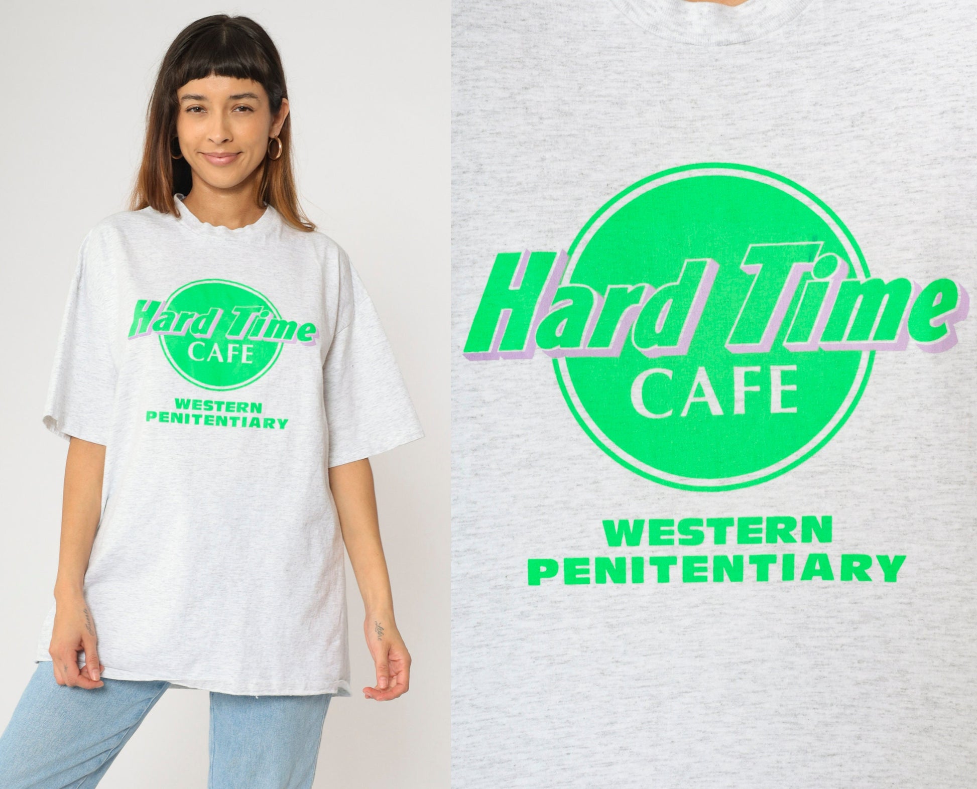90s Hard Time Cafe Western Penitentiary Graphic T-Shirt Grey Cotton Extra Large