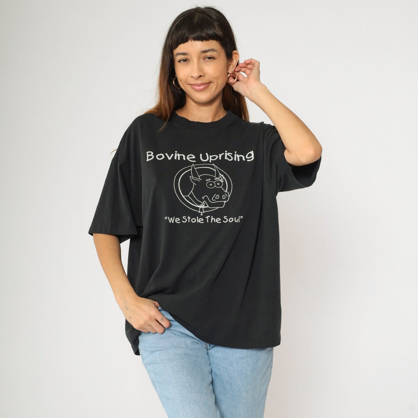 90s Bovine Uprising Graphic T-Shirt Black Cow Punk Tee Extra Large XL