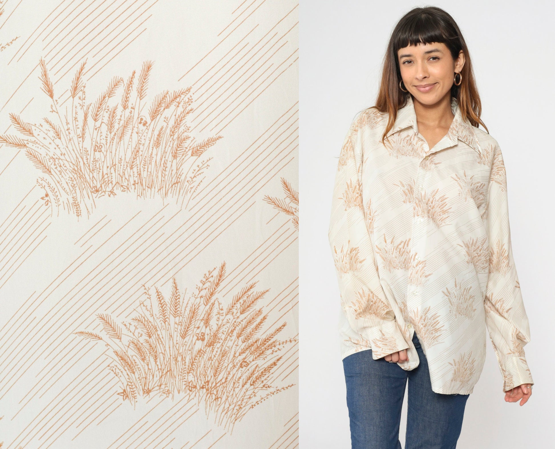 70s Farah Wheat Print Dagger Collar Button-Up Shirt White Men's XXL
