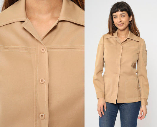 70s Tan Button-Up Blouse Dagger Collar Long Sleeve Pocket Shirt Small