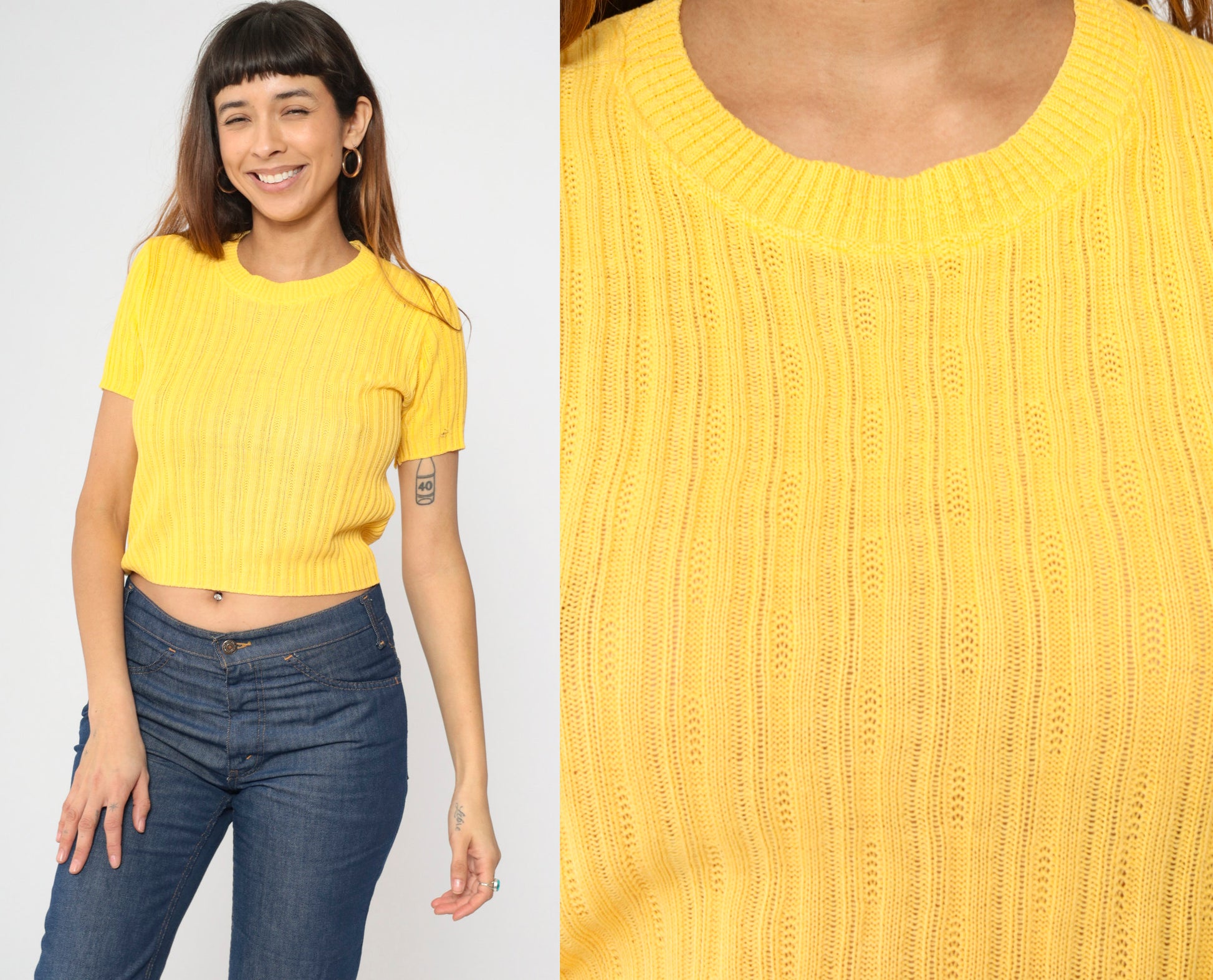 90s Yellow Cropped Ribbed Knit Sweater Short Sleeve Small S