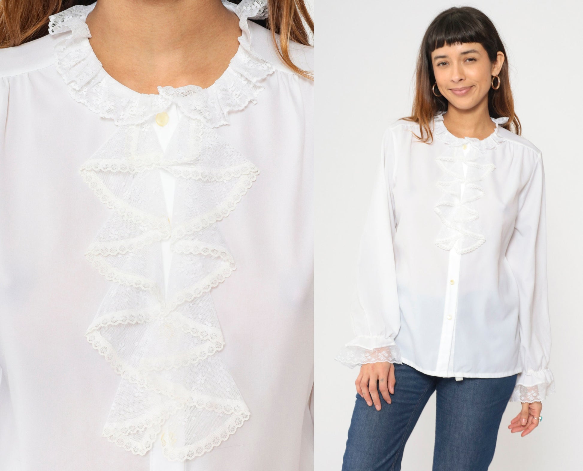 70s White Lace Jabot Blouse Long Sleeve Button Up Ruffle Neckline Medium