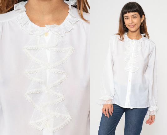 70s White Lace Jabot Blouse Long Sleeve Button Up Ruffle Neckline Medium