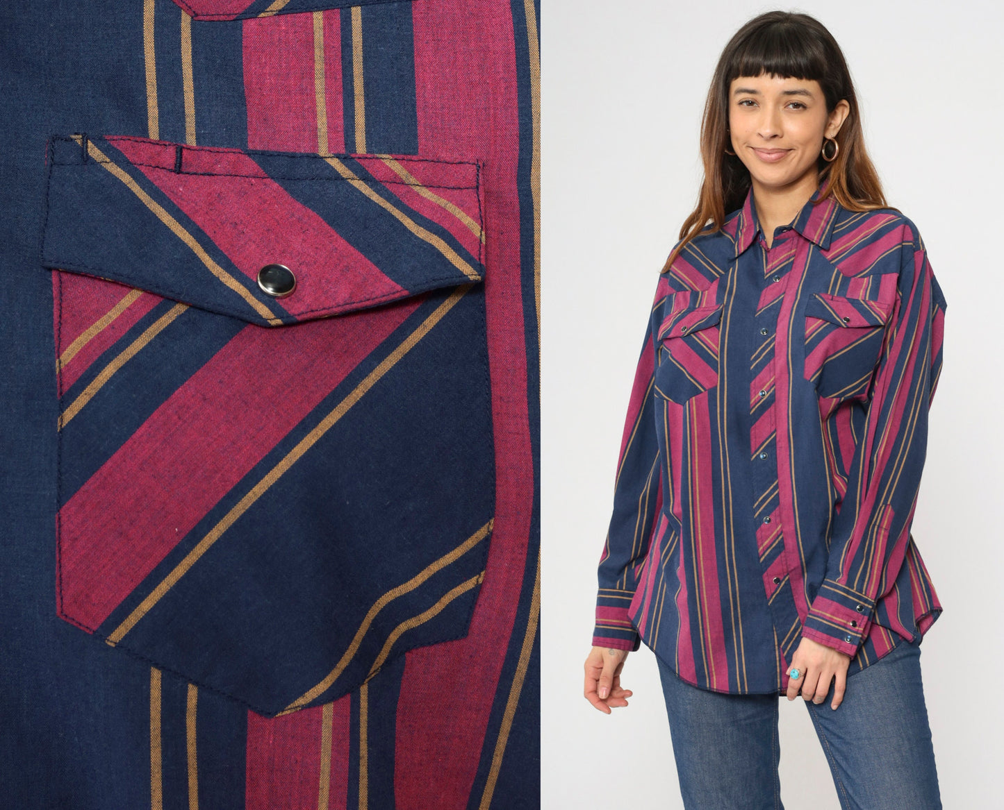 80s Rustler Western Shirt Pearl Snap Blue Fuchsia Striped X-Long Tails Extra Large
