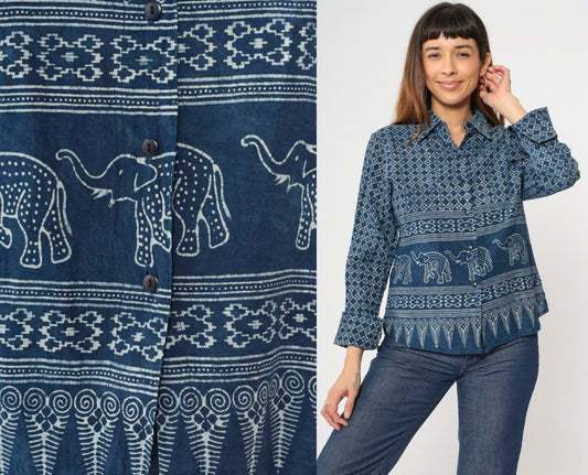Y2K Blue Batik Elephant Print Button-Up Blouse Long Sleeve Medium