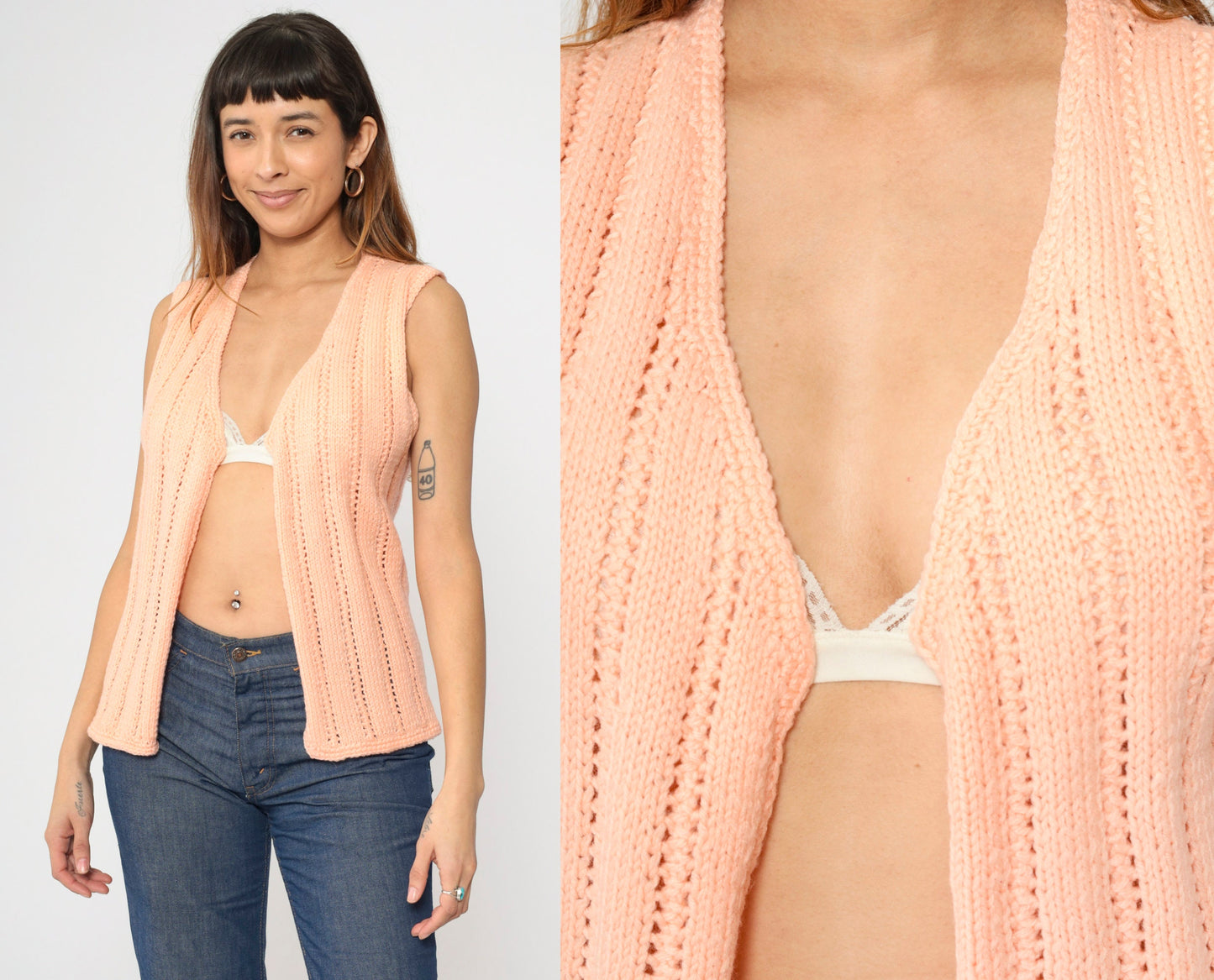 70s Peach Knit Vest Open Front Openwork Sleeveless Top Small