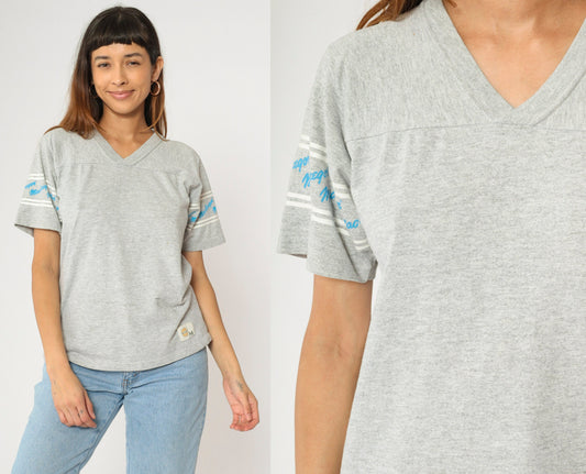 80s MacGregor V-Neck T-Shirt Grey Spellout Sleeve Tee Medium