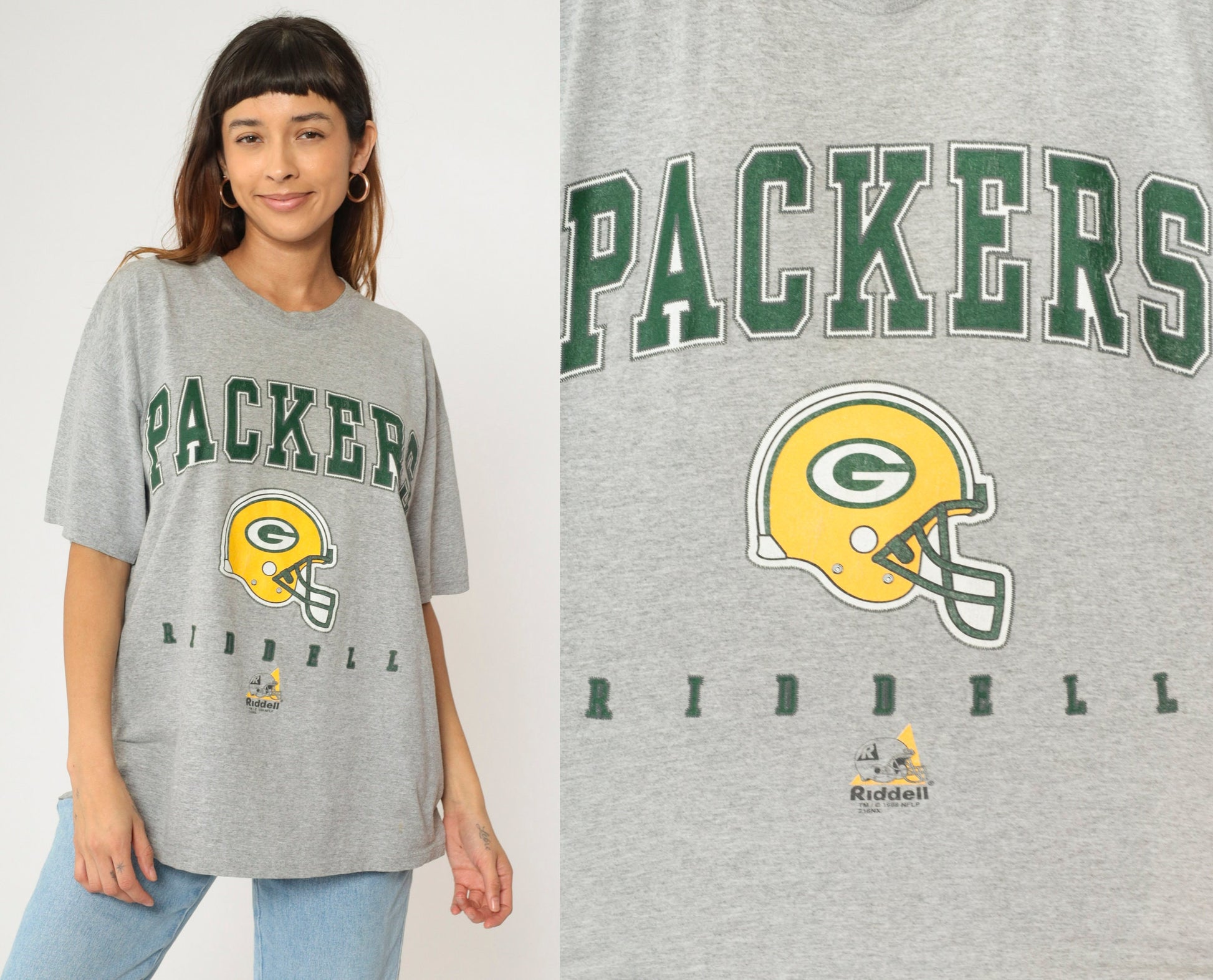 90s Green Bay Packers Riddell NFL Graphic T-Shirt Heather Grey Large L