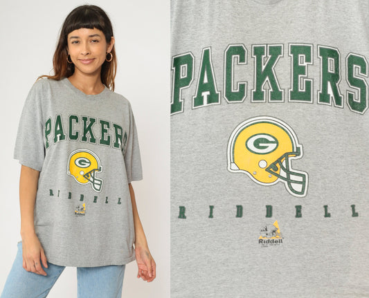 90s Green Bay Packers Riddell NFL Graphic T-Shirt Heather Grey Large L