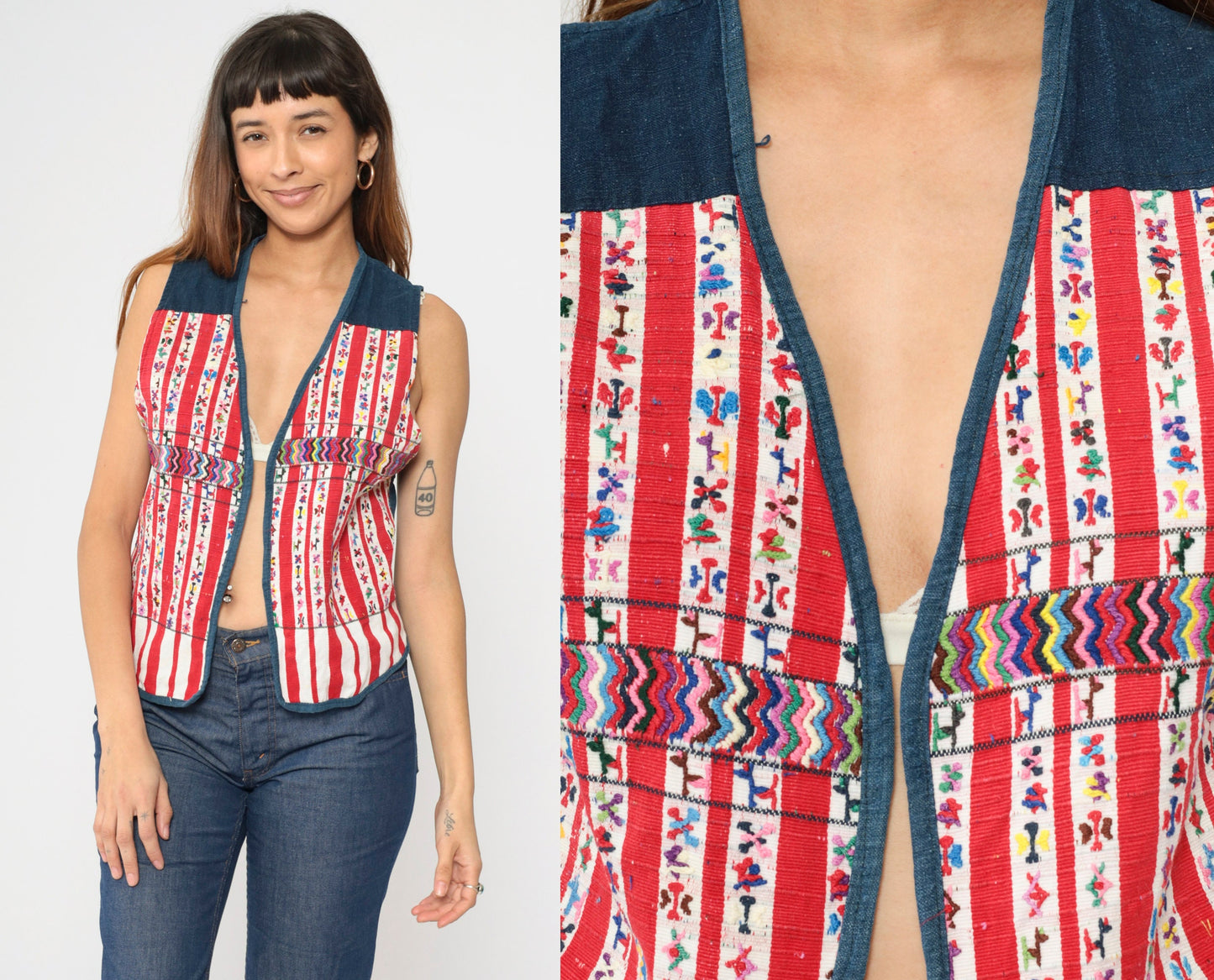 80s Guatemalan Embroidered Vest Red White Striped Animal Pattern Small