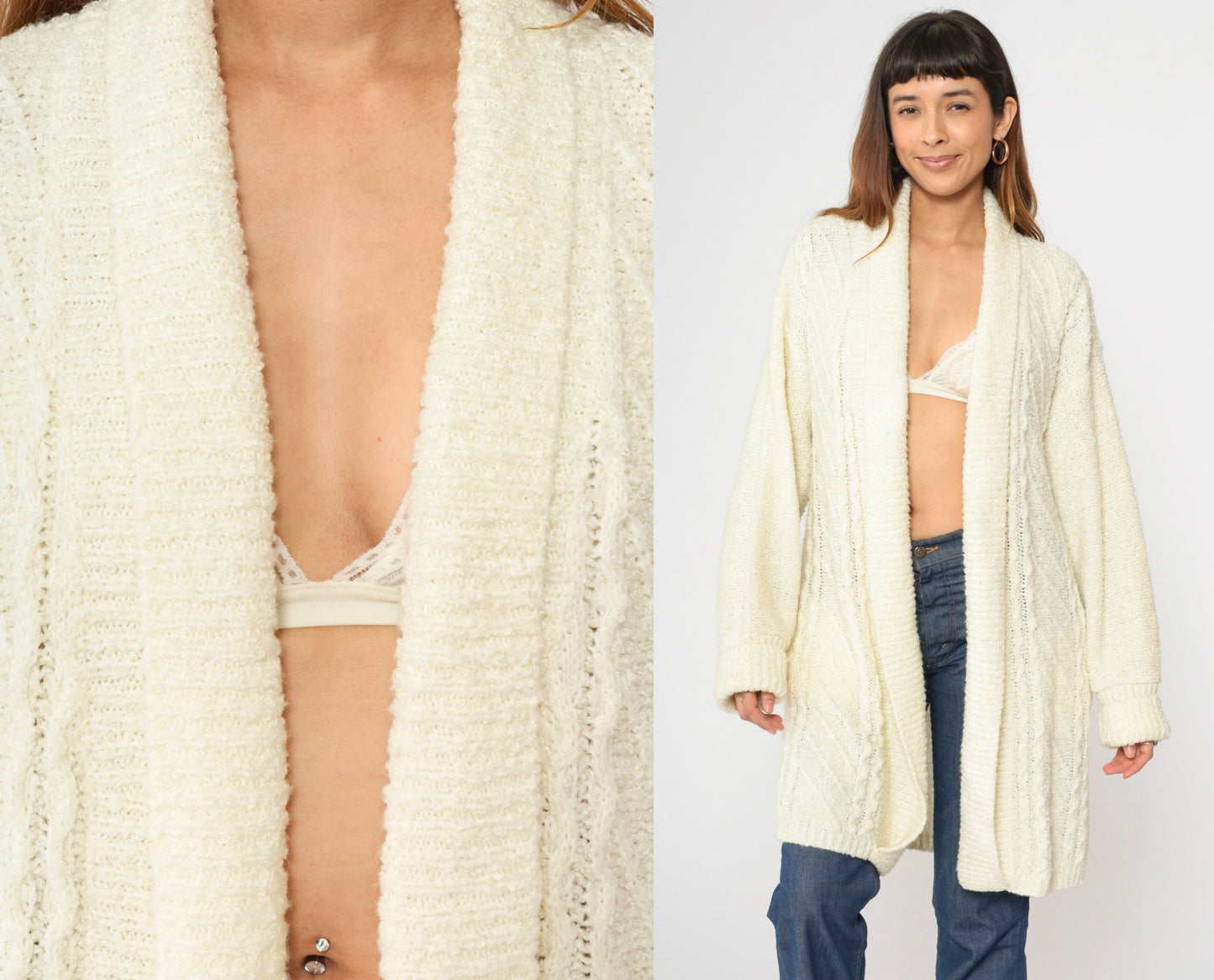 90s Cream Cardigan Open Front Longline Knit Sweater Medium