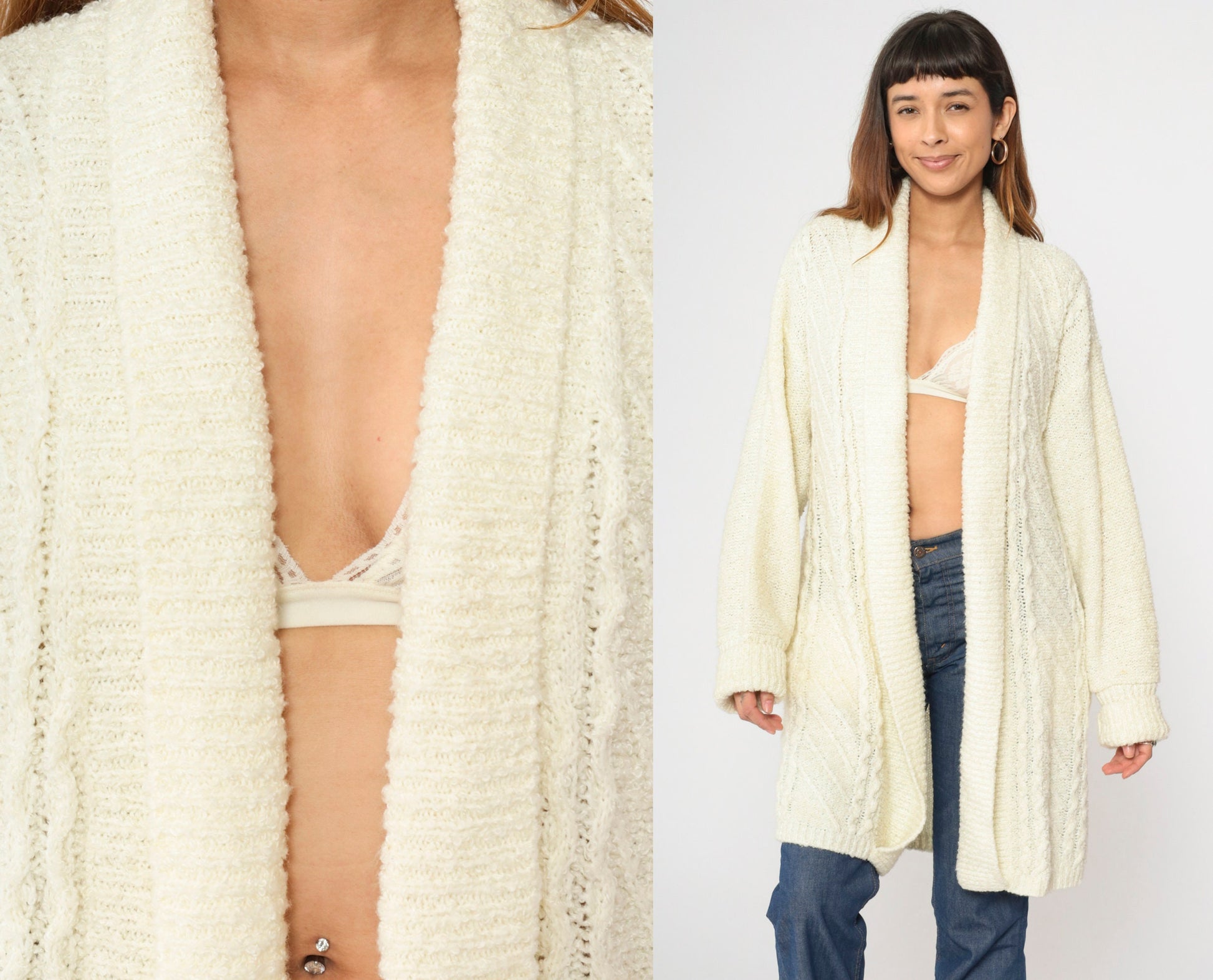 90s Cream Cardigan Open Front Longline Knit Sweater Medium