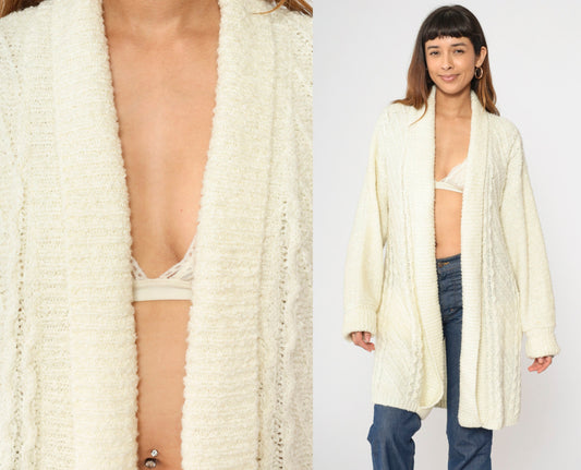 90s Cream Cardigan Open Front Longline Knit Sweater Medium