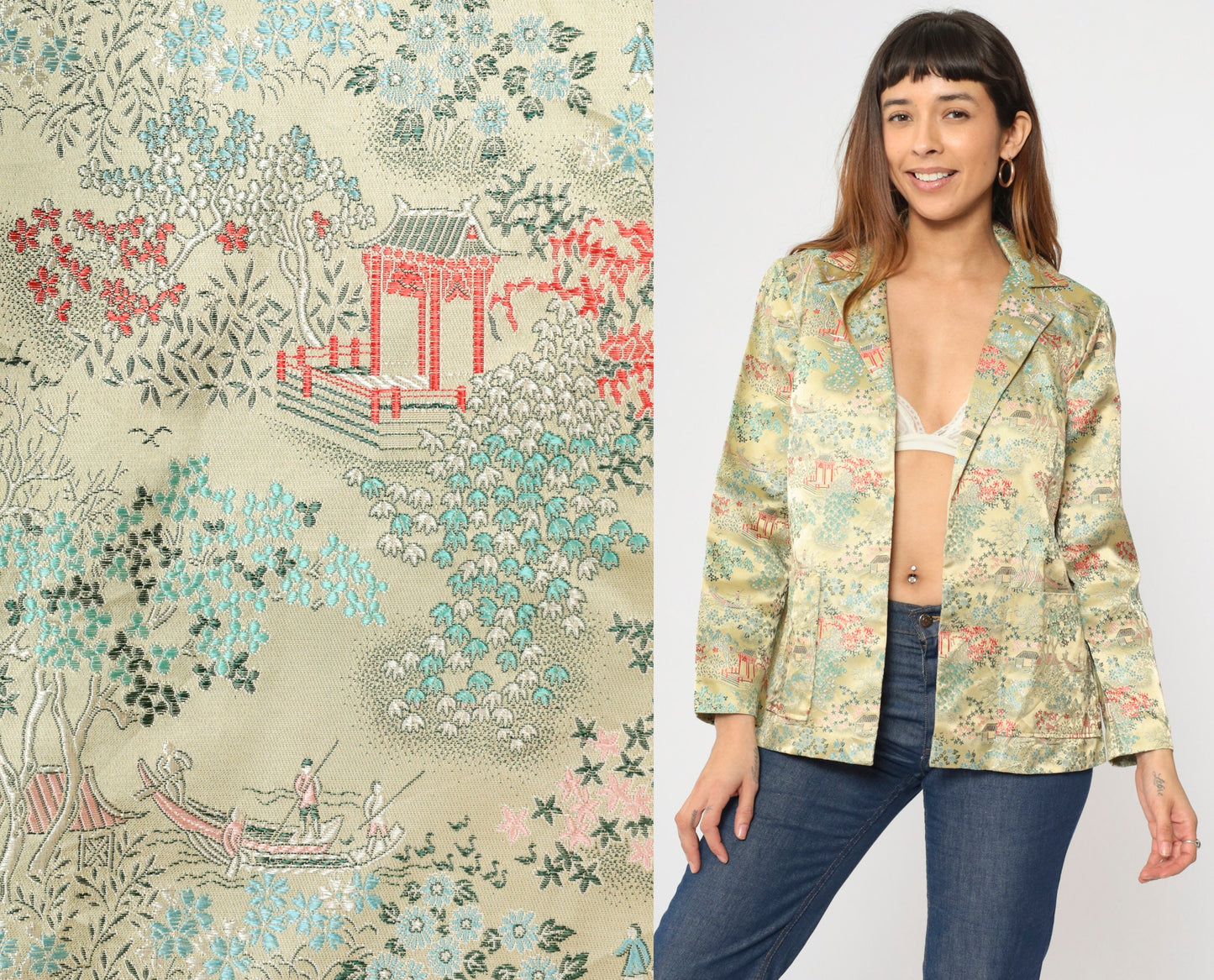 80s Asian Landscape Satin Blazer Yellow Pagoda Print Notched Collar Medium