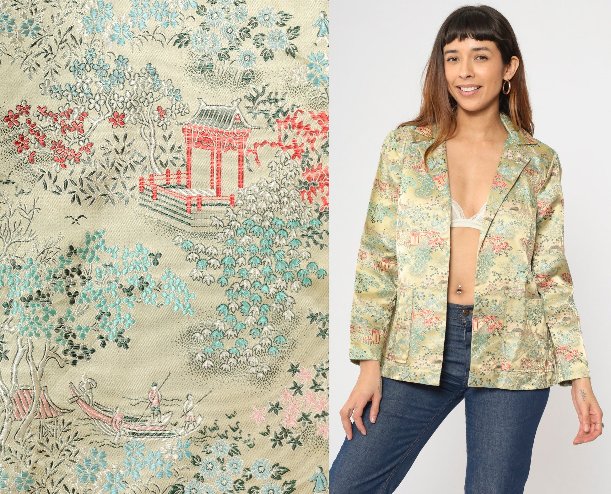 80s Asian Landscape Satin Blazer Yellow Pagoda Print Notched Collar Medium