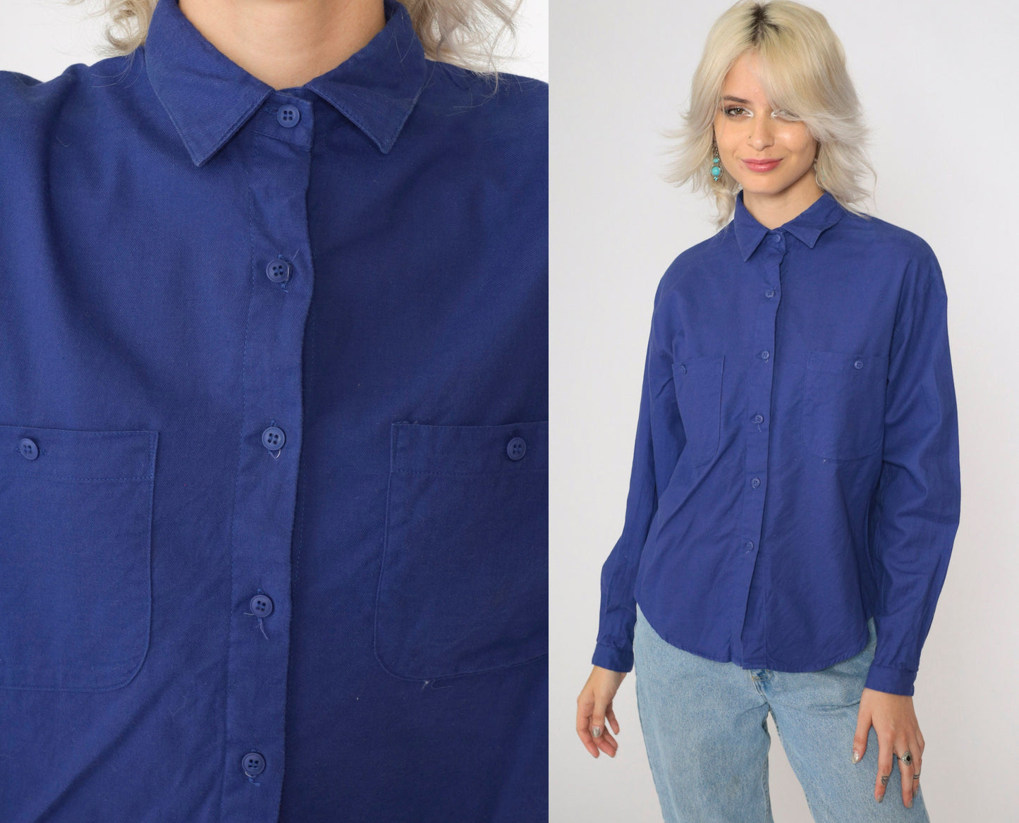 90s Blue Collared Blouse Cotton Button-Up Long Sleeve Chest Pocket Large