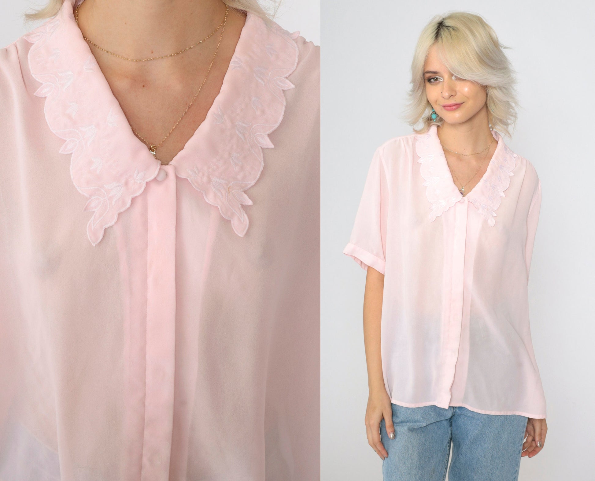 90s Sheer Pink Blouse Embroidered Collar Floral Button Up Short Sleeve Extra Large
