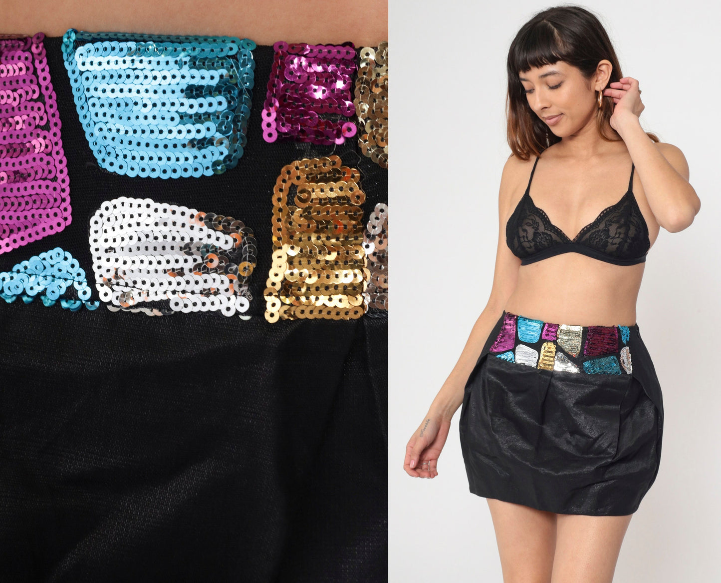 90s Black Sequin Mini Skirt High Waisted Pleated Bubble Skirt Small