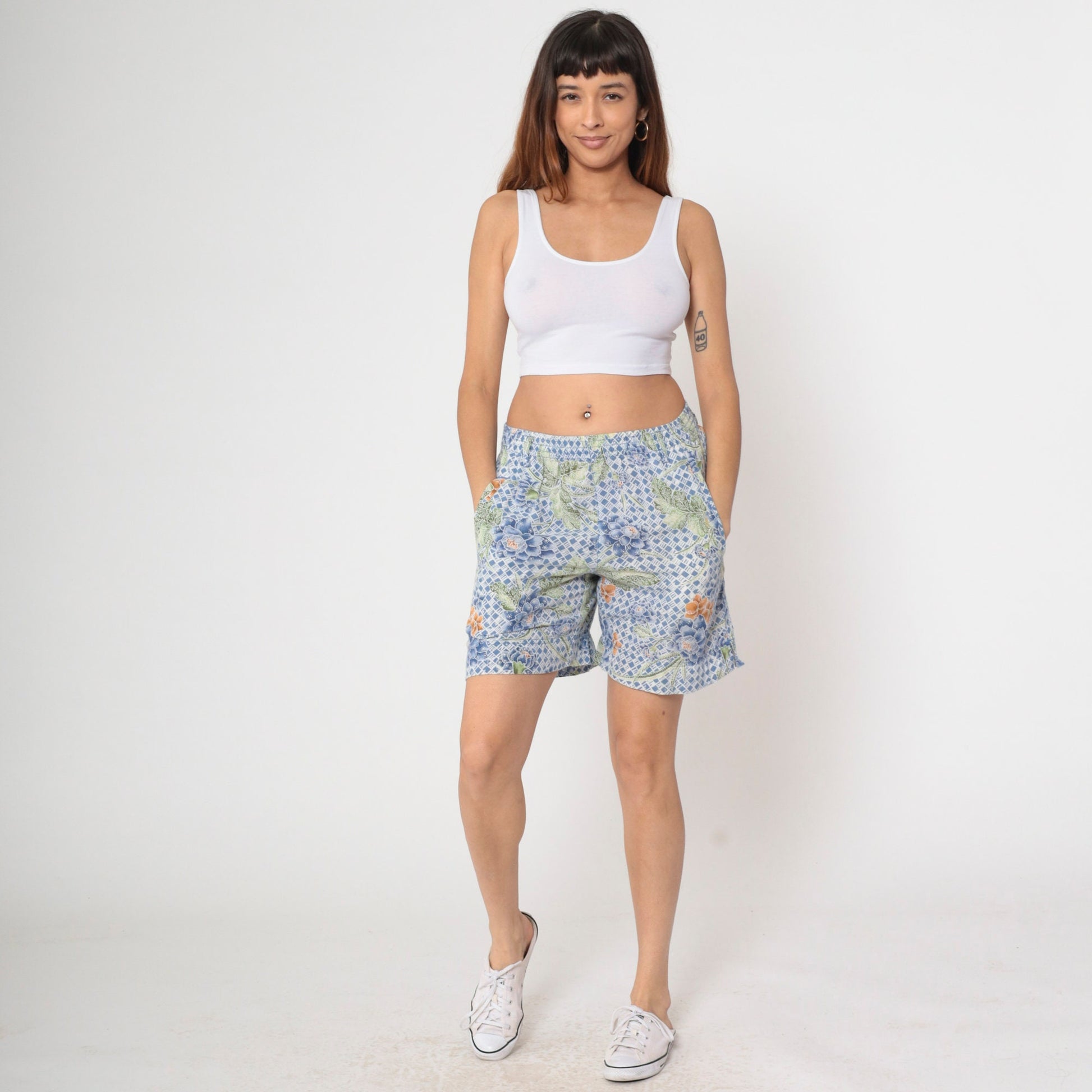 90s Lizwear Batik Floral Shorts Blue Cotton High Waist Small