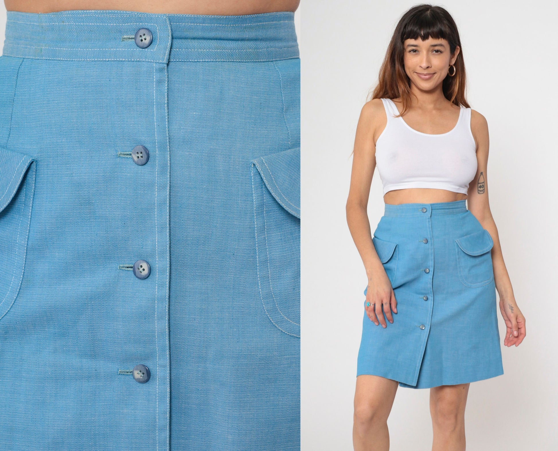 70s Blue Mini Skirt High Waist Button Front Patch Pockets Small
