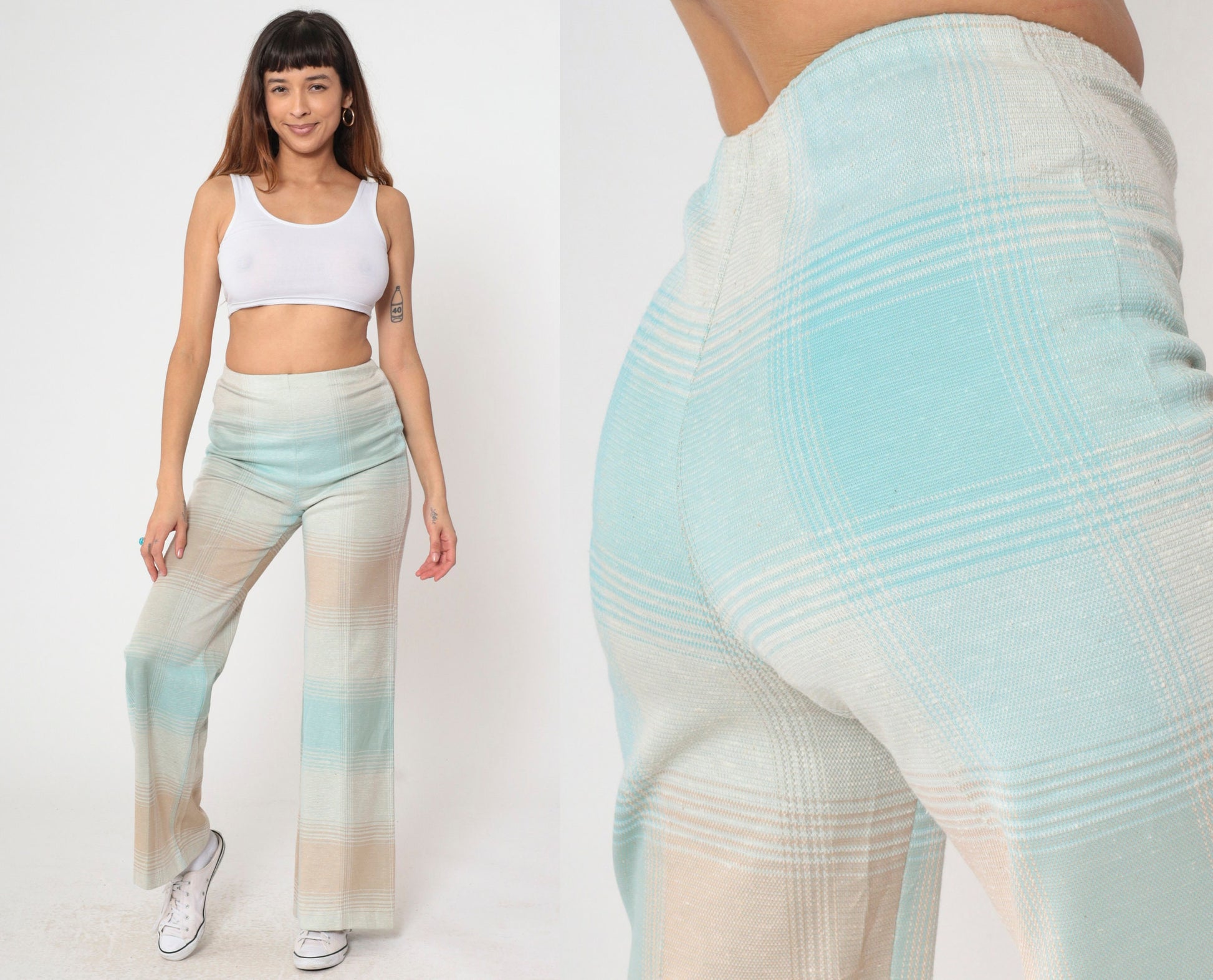 70s Plaid Flared Trousers High Waisted Bell Bottoms Pastel Blue Small