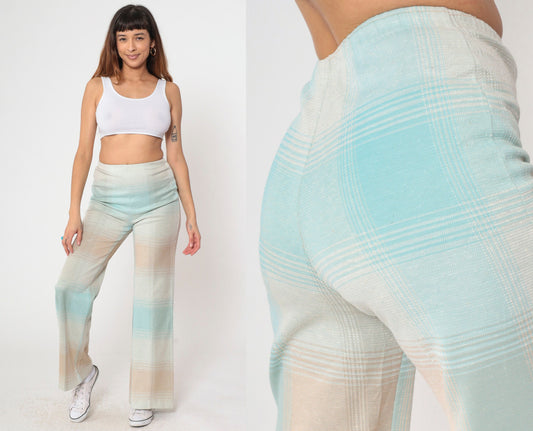 70s Plaid Flared Trousers High Waisted Bell Bottoms Pastel Blue Small