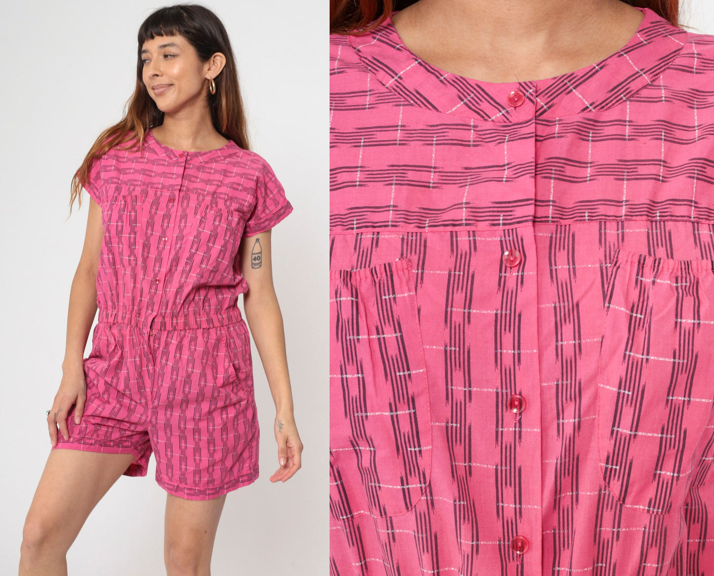 80s Bentley Pink Plaid Romper Button Front Short Sleeve Medium Large