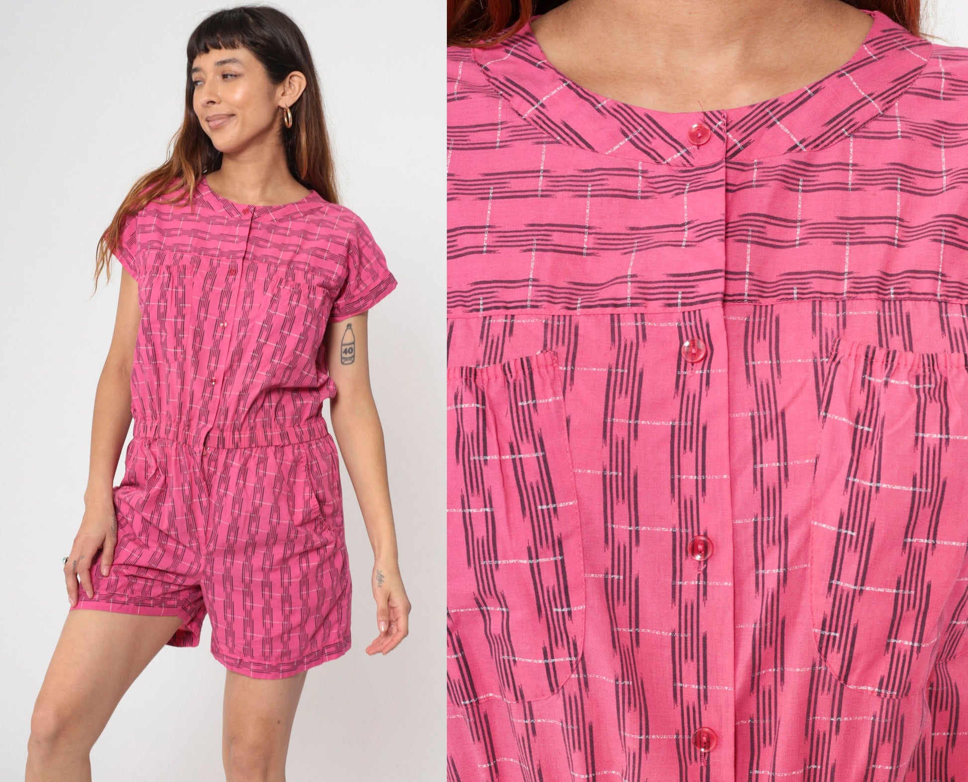 80s Bentley Pink Plaid Romper Button Front Short Sleeve Medium Large